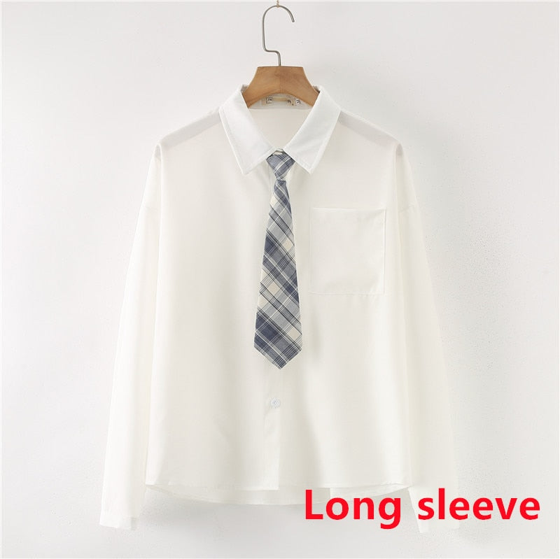 Women Summer Blouses Shirt Short Sleeve Solid White Tops With Tie Bow Japanese Korean JK Style Female Shirts Lapel Blusas #38