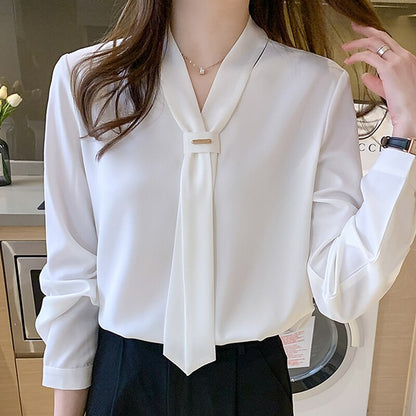 Blusas Tops Women Blouses Femme White Blouse Long Sleeve Blouse Women Blusas Mujer De Moda 2021 V-Neck Chiffon Blouse Shirt E636