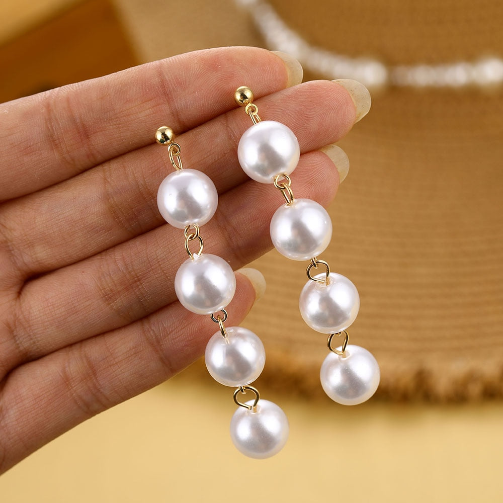 IPARAM Trend Simulation Pearl Long Earrings Female White Round Pearl Wedding Pendant Earrings Fashion Korean Jewelry Earrings