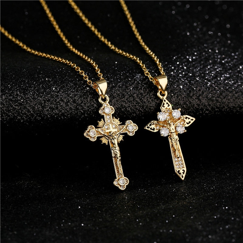 Ins Style Fashion Gold Color Jesus Cross Pendant Necklace For Women Men Hot Sale Jewelry Party Gift