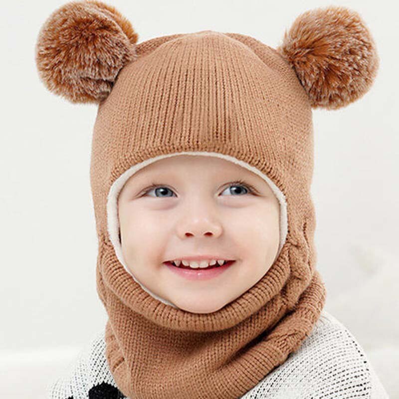 Kid Solid Pompom Beanie Baby Boy Girl Hooded Scarf Caps Hat Winter Warm Knit Flap Cap Scarf Newborn Winter Windproof Warm Hats