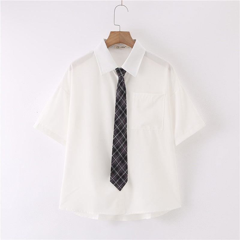 Women Summer Blouses Shirt Short Sleeve Solid White Tops With Tie Bow Japanese Korean JK Style Female Shirts Lapel Blusas #38