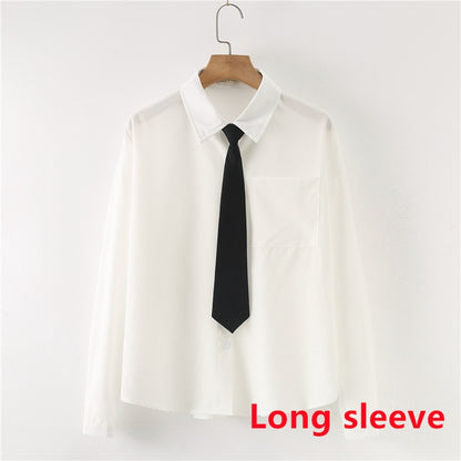 Women Summer Blouses Shirt Short Sleeve Solid White Tops With Tie Bow Japanese Korean JK Style Female Shirts Lapel Blusas #38