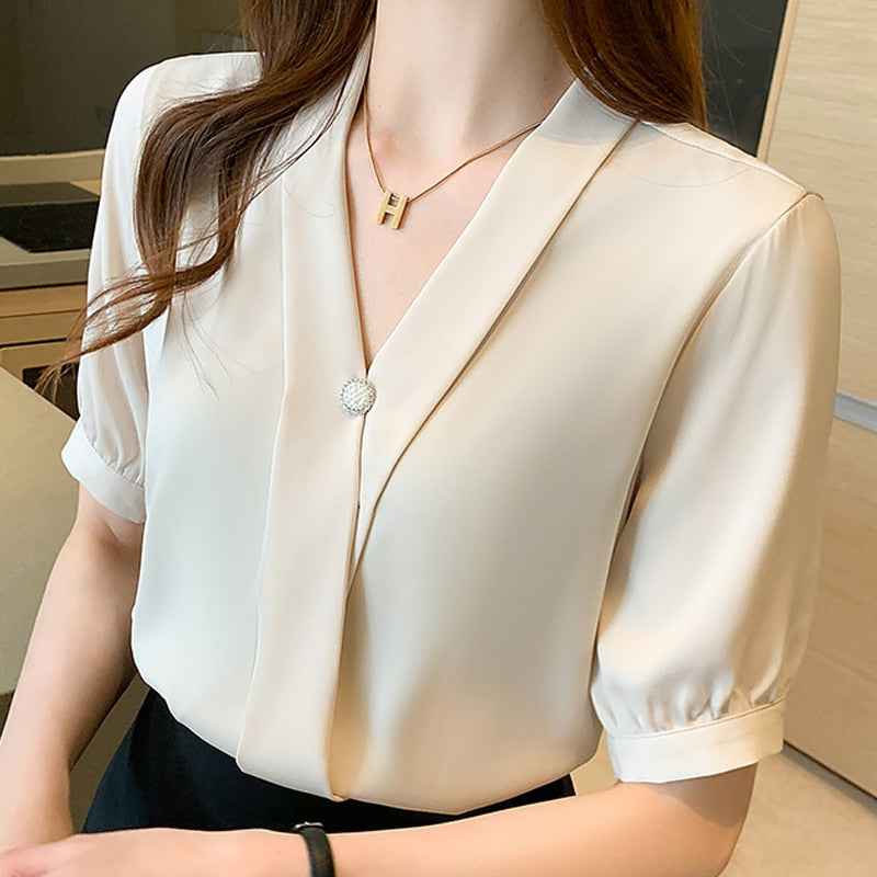 Blusas Blouse Women Blusas Mujer De Moda 2021 Shirts Blouses Femme Top Short Sleeve V-Neck Chiffon Blouse Shirt Tops Women E885