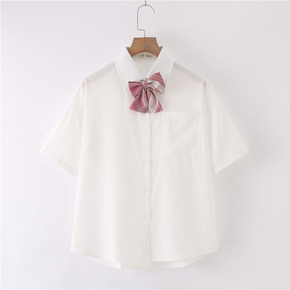 Women Summer Blouses Shirt Short Sleeve Solid White Tops With Tie Bow Japanese Korean JK Style Female Shirts Lapel Blusas #38