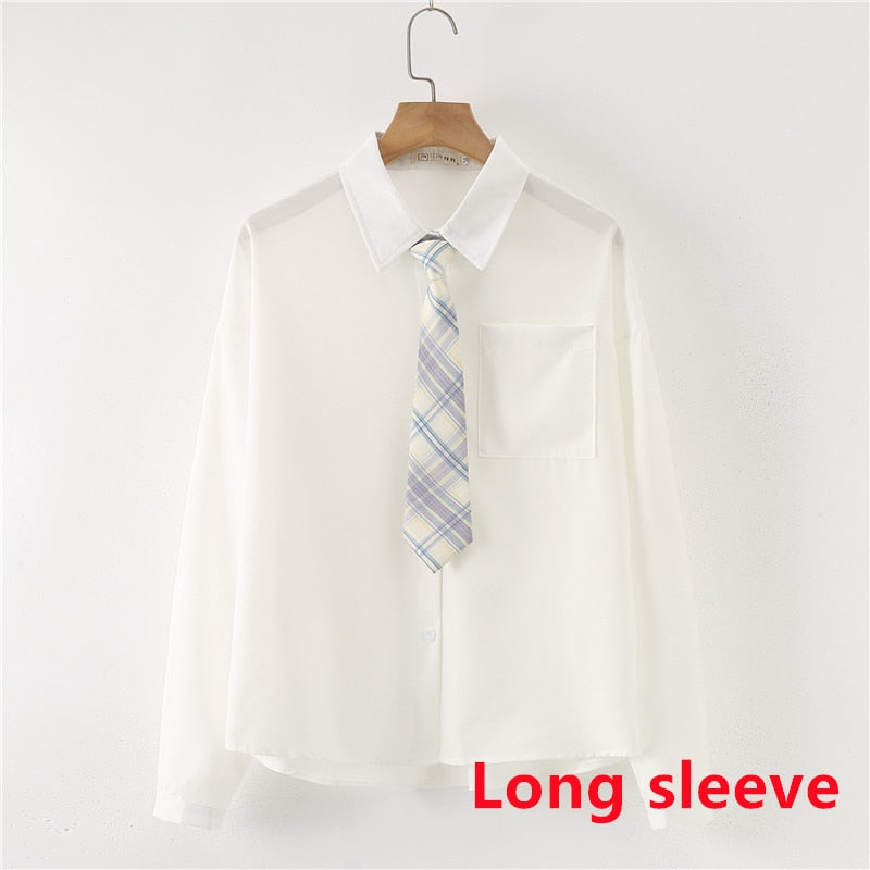 Women Summer Blouses Shirt Short Sleeve Solid White Tops With Tie Bow Japanese Korean JK Style Female Shirts Lapel Blusas #38