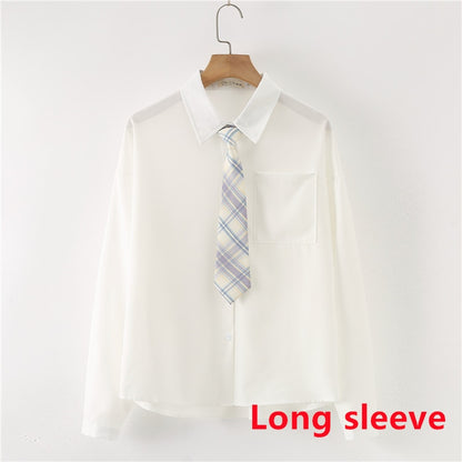 Women Summer Blouses Shirt Short Sleeve Solid White Tops With Tie Bow Japanese Korean JK Style Female Shirts Lapel Blusas #38