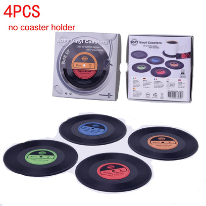 6pc Record Cup Plastic Retro Disk Cup Mat Anti-slip Coffee Coasters Heat Resistant Drink Mug Mat Table Placemat Holder Home Deco