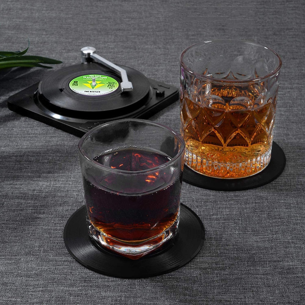 6pc Record Cup Plastic Retro Disk Cup Mat Anti-slip Coffee Coasters Heat Resistant Drink Mug Mat Table Placemat Holder Home Deco