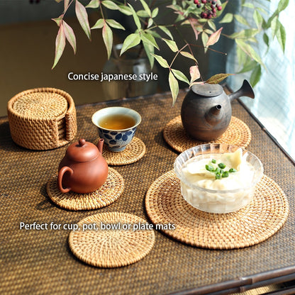 6PCS Woven Rattan Coasters Set With Holder Table Mat Placemat Coffee Tea Cup Coaster Pot Bowl Pad Glass Base Kitchen Accessories