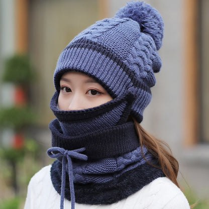 3Pcs/set 2021 Winter Women's Hat Mask Hat Scarf Thick Warm Fleece Inside Knitted Hat Scarf Set Winter Riding Fashion Cap