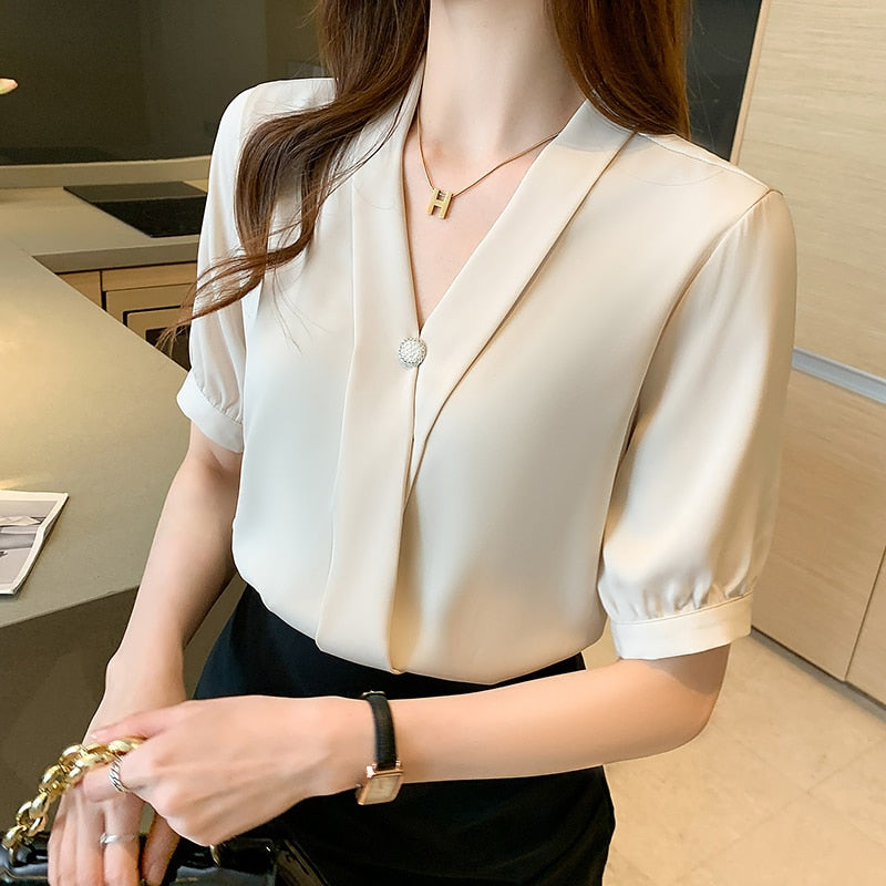 Blusas Blouse Women Blusas Mujer De Moda 2021 Shirts Blouses Femme Top Short Sleeve V-Neck Chiffon Blouse Shirt Tops Women E885