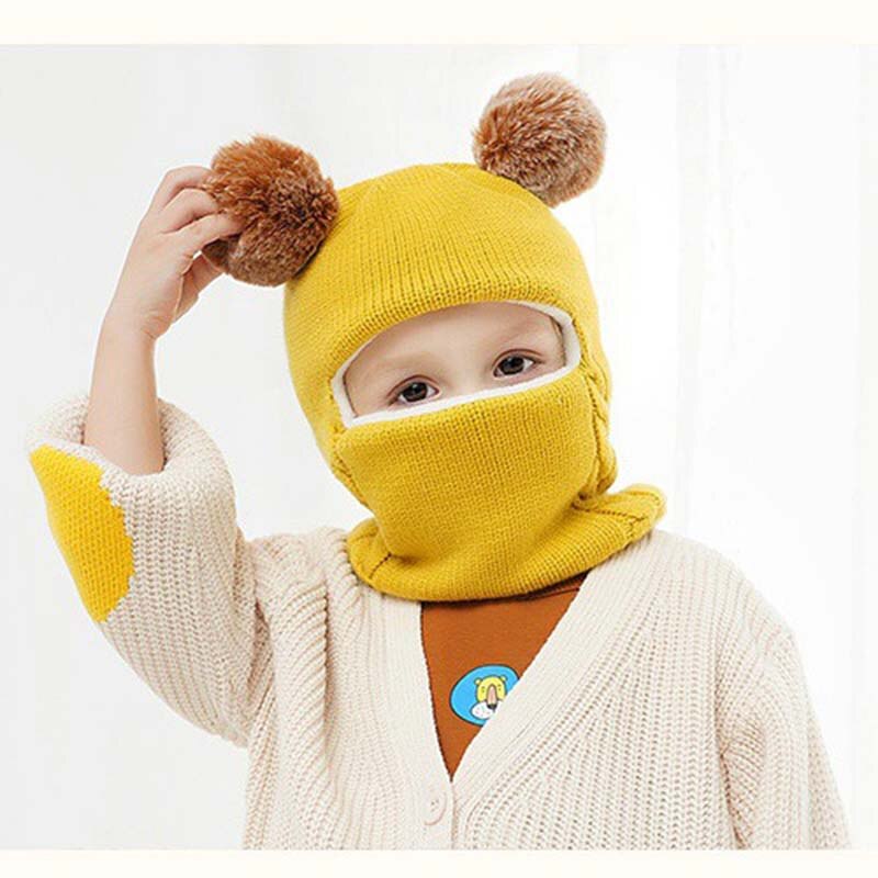 Kid Solid Pompom Beanie Baby Boy Girl Hooded Scarf Caps Hat Winter Warm Knit Flap Cap Scarf Newborn Winter Windproof Warm Hats