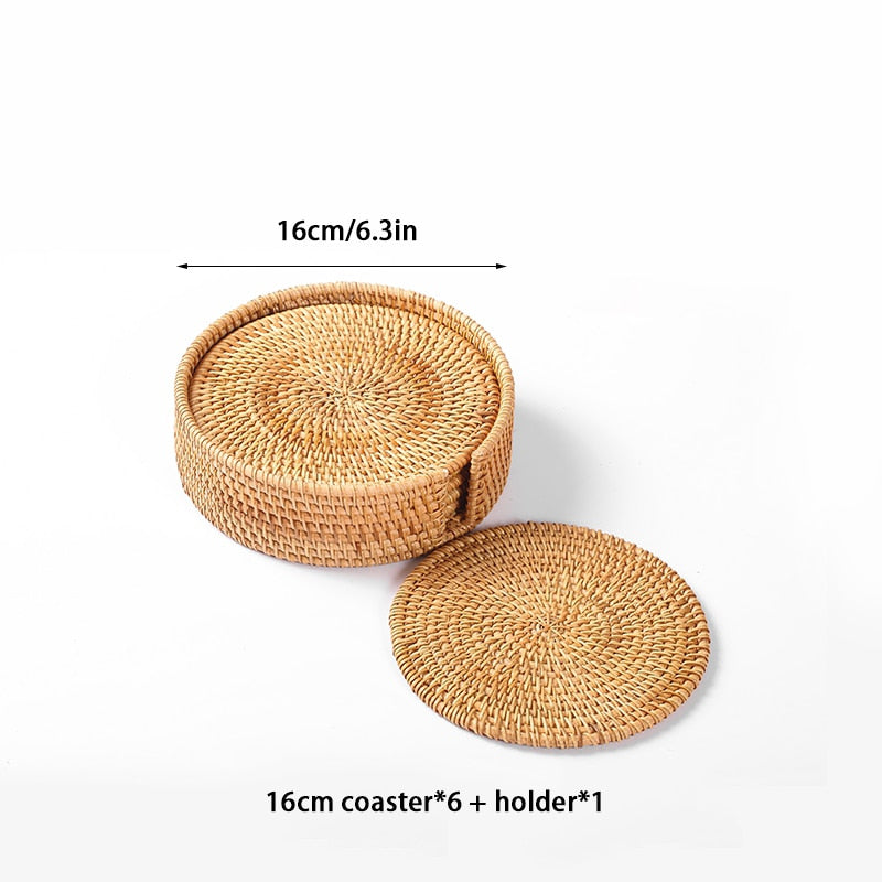 6PCS Woven Rattan Coasters Set With Holder Table Mat Placemat Coffee Tea Cup Coaster Pot Bowl Pad Glass Base Kitchen Accessories