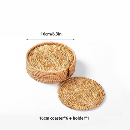 6PCS Woven Rattan Coasters Set With Holder Table Mat Placemat Coffee Tea Cup Coaster Pot Bowl Pad Glass Base Kitchen Accessories