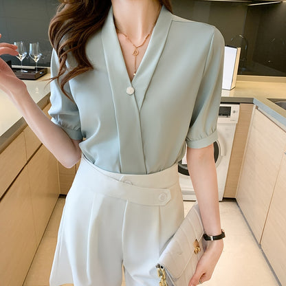 Blusas Blouse Women Blusas Mujer De Moda 2021 Shirts Blouses Femme Top Short Sleeve V-Neck Chiffon Blouse Shirt Tops Women E885