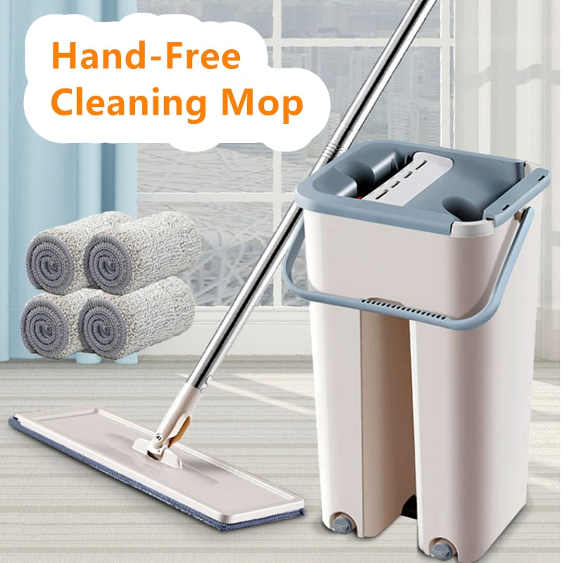 Flat Squeeze Mop and Bucket Hand-Free Wringing Floor Cleaning Mop Wet or Dry Usage Magic Automatic Spin Self Cleaning Lazy Mop