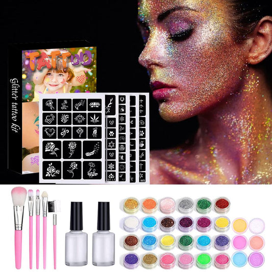 Glitter Tattoo Kits 30 Color 125 Templates Diamond Flash For Temporary Tattoo Set Kids Face Body Painting Art Tools Set