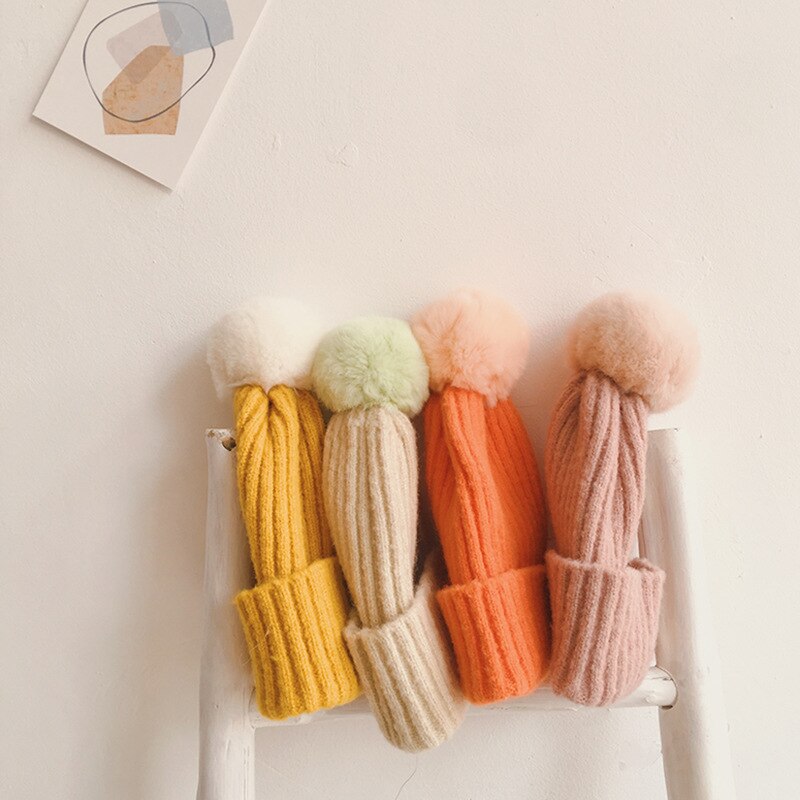 Cute Pompom Children Hat Colorful Hairball Elastic Kids Baby Girl Boy Autumn Winter Beanie Hat Solid Color Knitted Beanies Cap