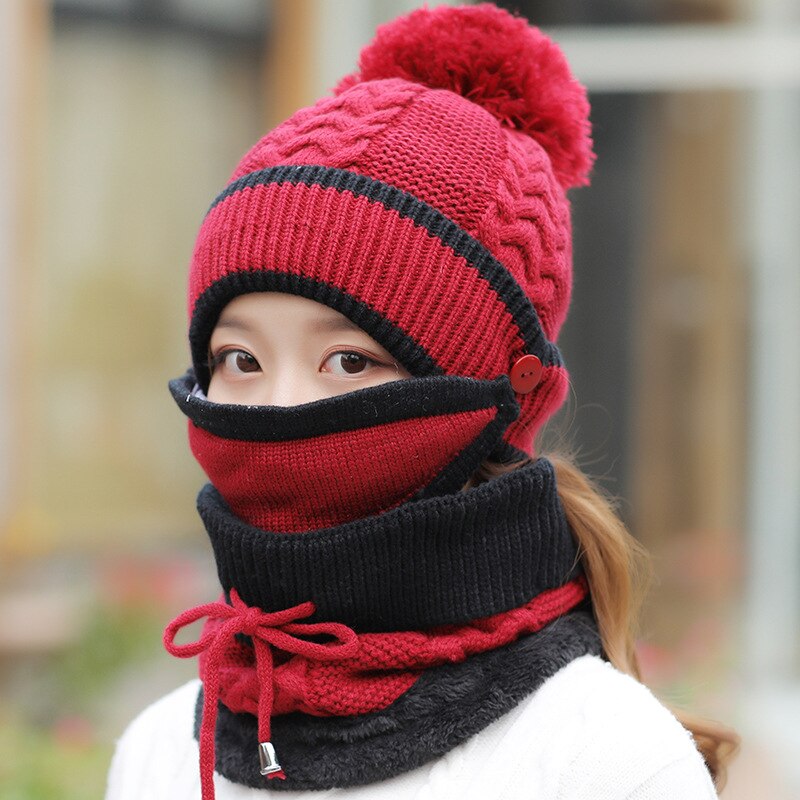 3Pcs/set 2021 Winter Women's Hat Mask Hat Scarf Thick Warm Fleece Inside Knitted Hat Scarf Set Winter Riding Fashion Cap