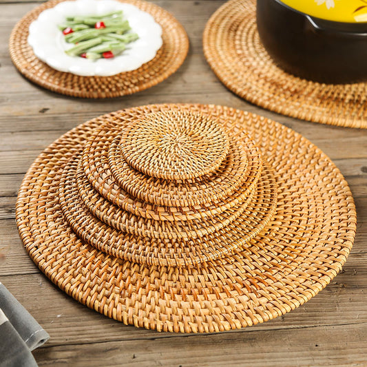 6PCS Woven Rattan Coasters Set With Holder Table Mat Placemat Coffee Tea Cup Coaster Pot Bowl Pad Glass Base Kitchen Accessories