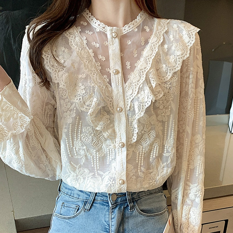 Spring Women Apricot Lace Blouse Shirt Women Tops Long Sleeve Blouse Women Blusas Mujer De Moda 2022 Blouses Women Shirts F229