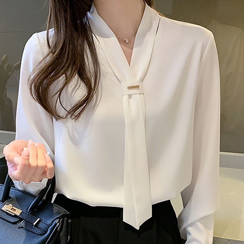 Blusas Tops Women Blouses Femme White Blouse Long Sleeve Blouse Women Blusas Mujer De Moda 2021 V-Neck Chiffon Blouse Shirt E636