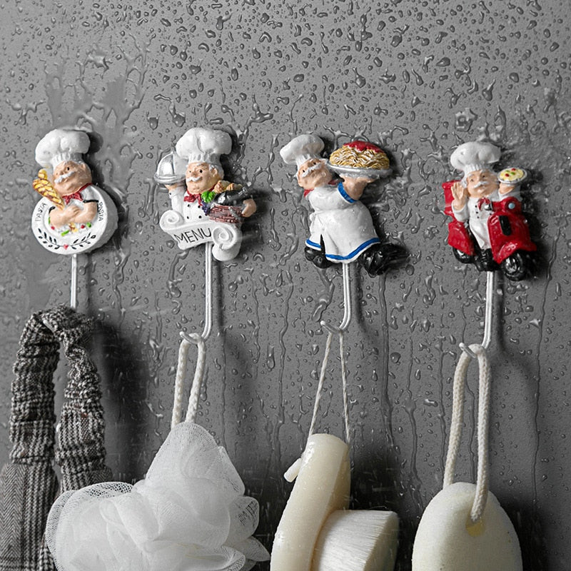 Creative Resin Hooks 3D Cartoon Chef Key Tools Hooks Waterproof Bathroom Kitchen Hook Hole-free Seamless Wall Decorative Hooks