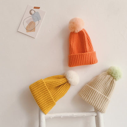 Cute Pompom Children Hat Colorful Hairball Elastic Kids Baby Girl Boy Autumn Winter Beanie Hat Solid Color Knitted Beanies Cap