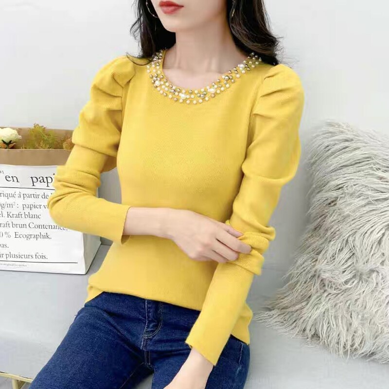 Winter Clothes Women Sweater For Women 2021 Autumn Long Sleeve Women Sweater Beading O-Neck Knitted Sweater Women Pullover D588