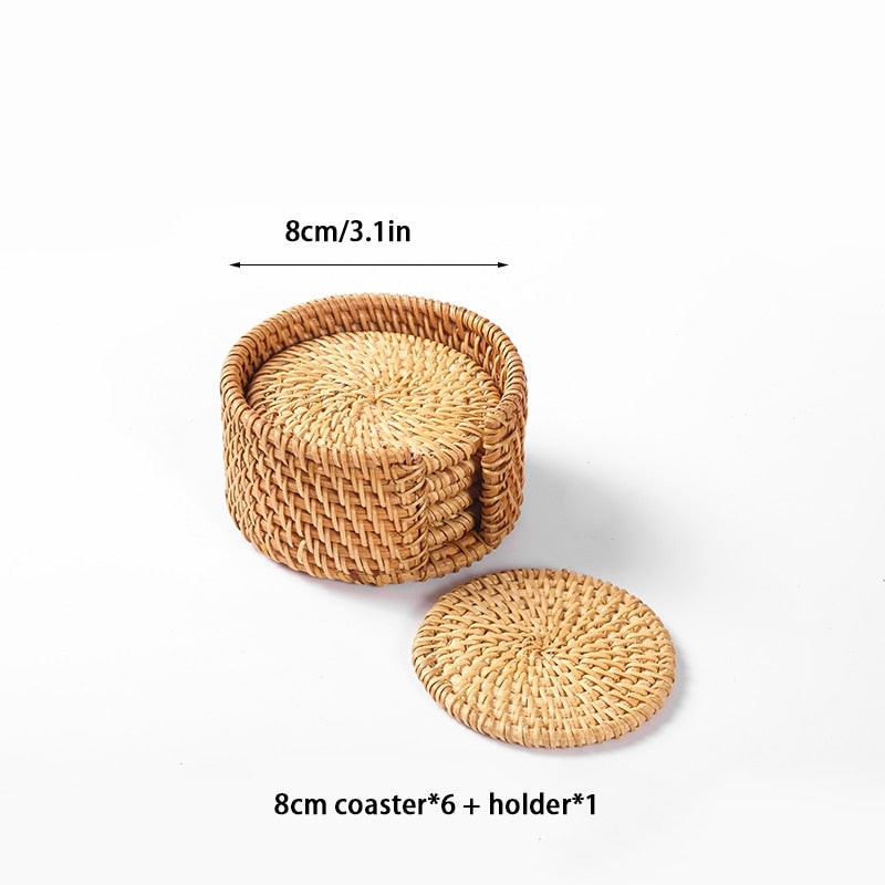 6PCS Woven Rattan Coasters Set With Holder Table Mat Placemat Coffee Tea Cup Coaster Pot Bowl Pad Glass Base Kitchen Accessories