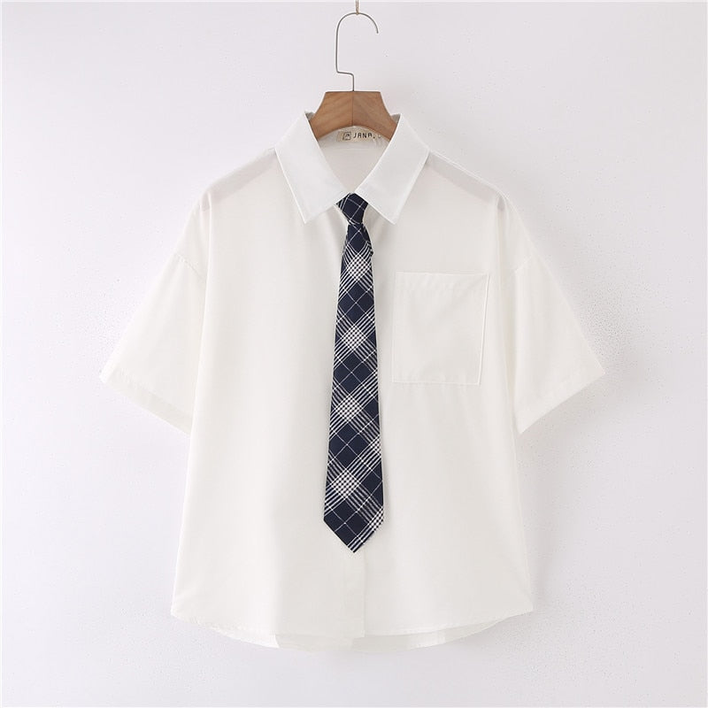 Women Summer Blouses Shirt Short Sleeve Solid White Tops With Tie Bow Japanese Korean JK Style Female Shirts Lapel Blusas #38