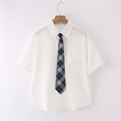 Women Summer Blouses Shirt Short Sleeve Solid White Tops With Tie Bow Japanese Korean JK Style Female Shirts Lapel Blusas #38