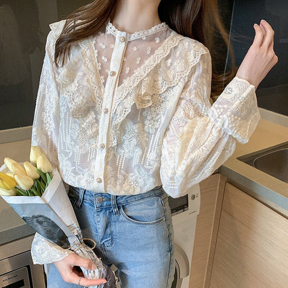 Spring Women Apricot Lace Blouse Shirt Women Tops Long Sleeve Blouse Women Blusas Mujer De Moda 2022 Blouses Women Shirts F229