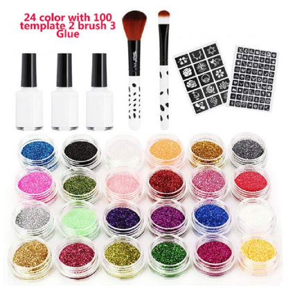 Glitter Tattoo Kits 30 Color 125 Templates Diamond Flash For Temporary Tattoo Set Kids Face Body Painting Art Tools Set