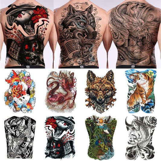 Big Temporary Tattoo Stickers Full Back Tiger Dragon Wolf Body Art Fake Tattoo Carp Waterproof Tattoo Men and Women