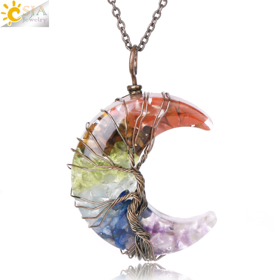 7 Chakras Tree of Life Necklace Wire Wrap Crescent Moons Crystal Pendants Chip Quartz Natural Stone Resin Stainless Steel G931