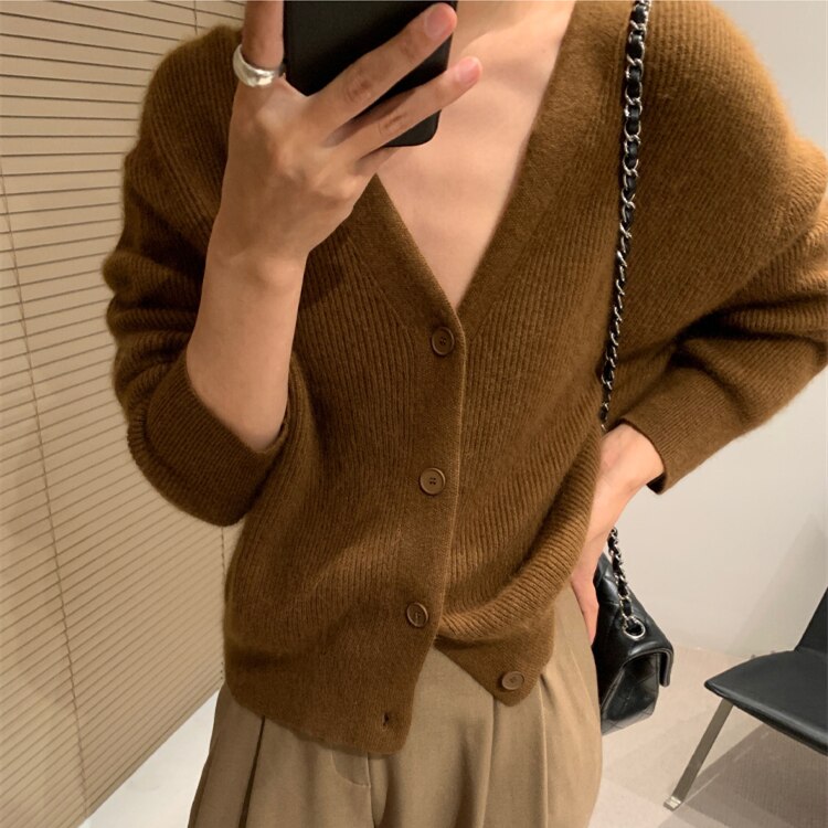 Autumn winter new cashmere cardigan women V-neck Korean blouse with loose languid sweater solid color coat