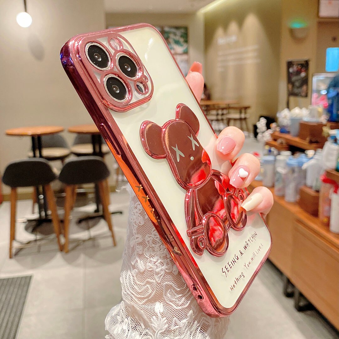 For iPhone 12 11 13 Pro Max X XR XS Max 7 8 Plus SE 2020 Fashion Cartoon Cover Luxury cute Violent Bear Plating Clear Phone Case