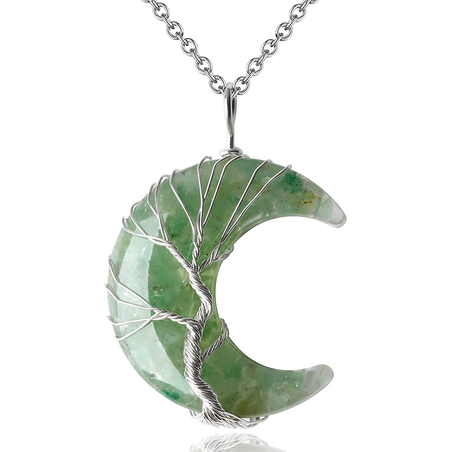 7 Chakras Tree of Life Necklace Wire Wrap Crescent Moons Crystal Pendants Chip Quartz Natural Stone Resin Stainless Steel G931