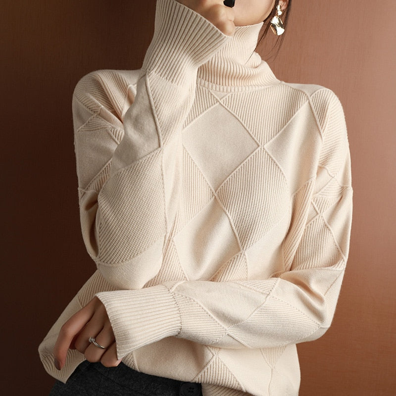 Cashmere sweater women turtleneck sweater pure color knitted turtleneck pullover 100% pure wool loose large size sweater women