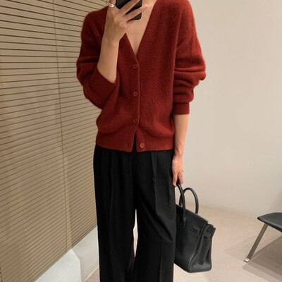 Autumn winter new cashmere cardigan women V-neck Korean blouse with loose languid sweater solid color coat