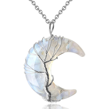 7 Chakras Tree of Life Necklace Wire Wrap Crescent Moons Crystal Pendants Chip Quartz Natural Stone Resin Stainless Steel G931