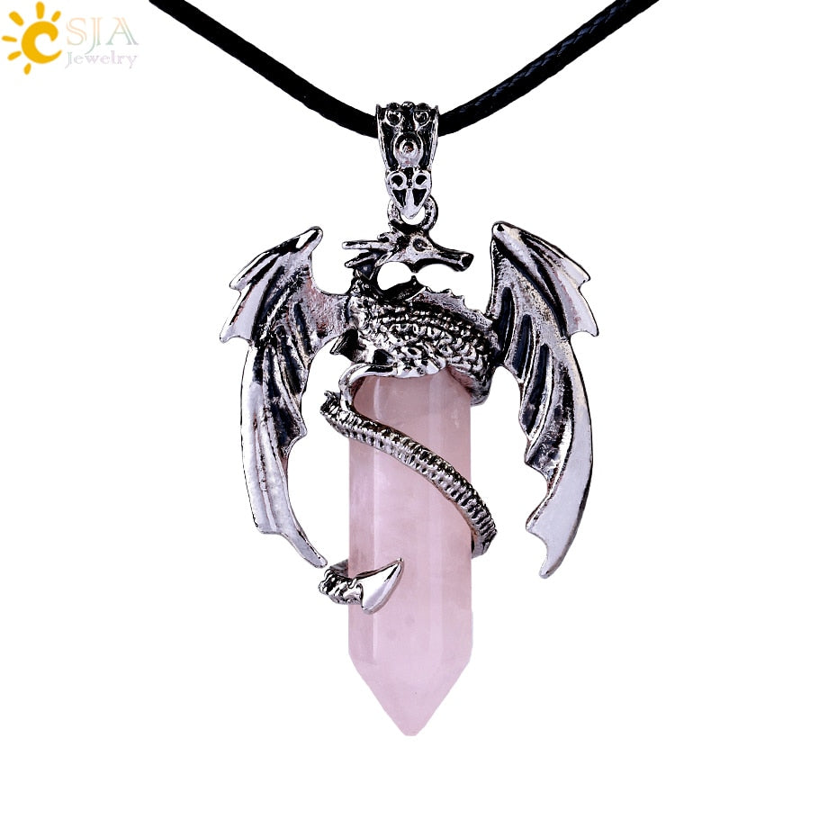 CSJA Animal Dragon Man Necklace Natural Gem Stone Healing Pink Quartz Hexagonal Crystal Pendant Vintage Jewelry for Women H012