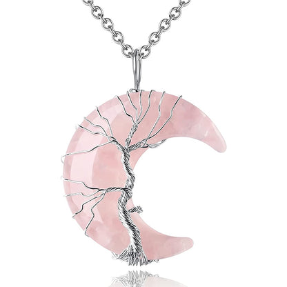 7 Chakras Tree of Life Necklace Wire Wrap Crescent Moons Crystal Pendants Chip Quartz Natural Stone Resin Stainless Steel G931