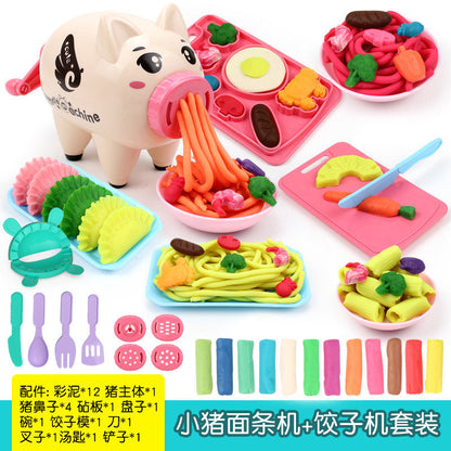 Children&#39;s Pretend Play Piggy Noodle Machine Family Play House Toy Set Colored Clay Plasticine Ice Cream Machine Mold Toys Gift