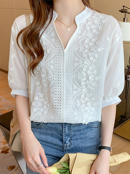 Summer Blouse Women V-Neck Lace White Blouse Shirt Women Tops Blusas Mujer De Moda 2022 Verano Blouses Femme Women Shirts F428