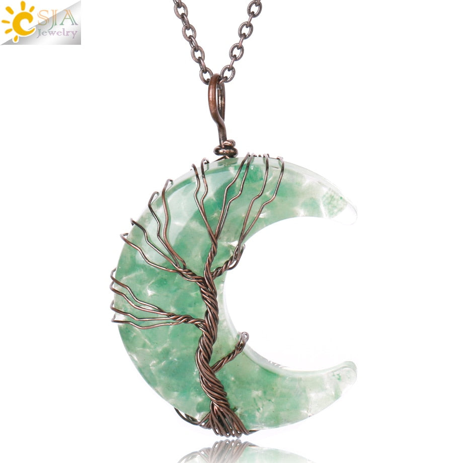 7 Chakras Tree of Life Necklace Wire Wrap Crescent Moons Crystal Pendants Chip Quartz Natural Stone Resin Stainless Steel G931