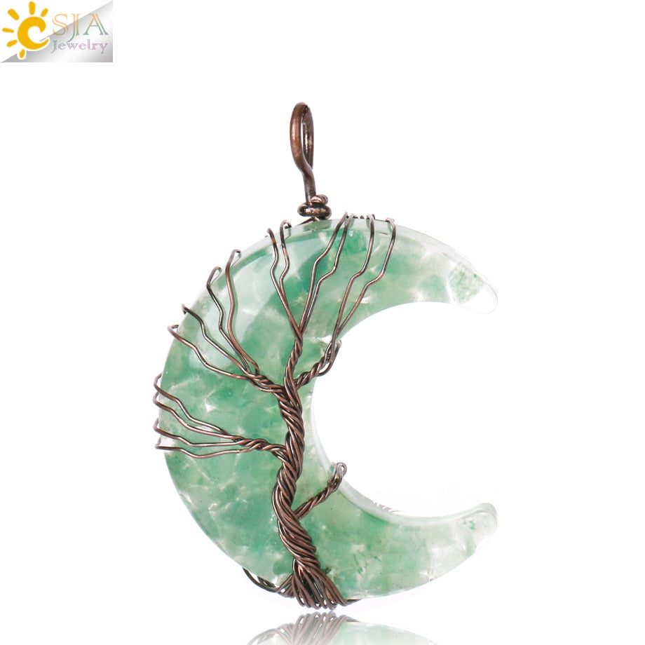 7 Chakras Tree of Life Necklace Wire Wrap Crescent Moons Crystal Pendants Chip Quartz Natural Stone Resin Stainless Steel G931