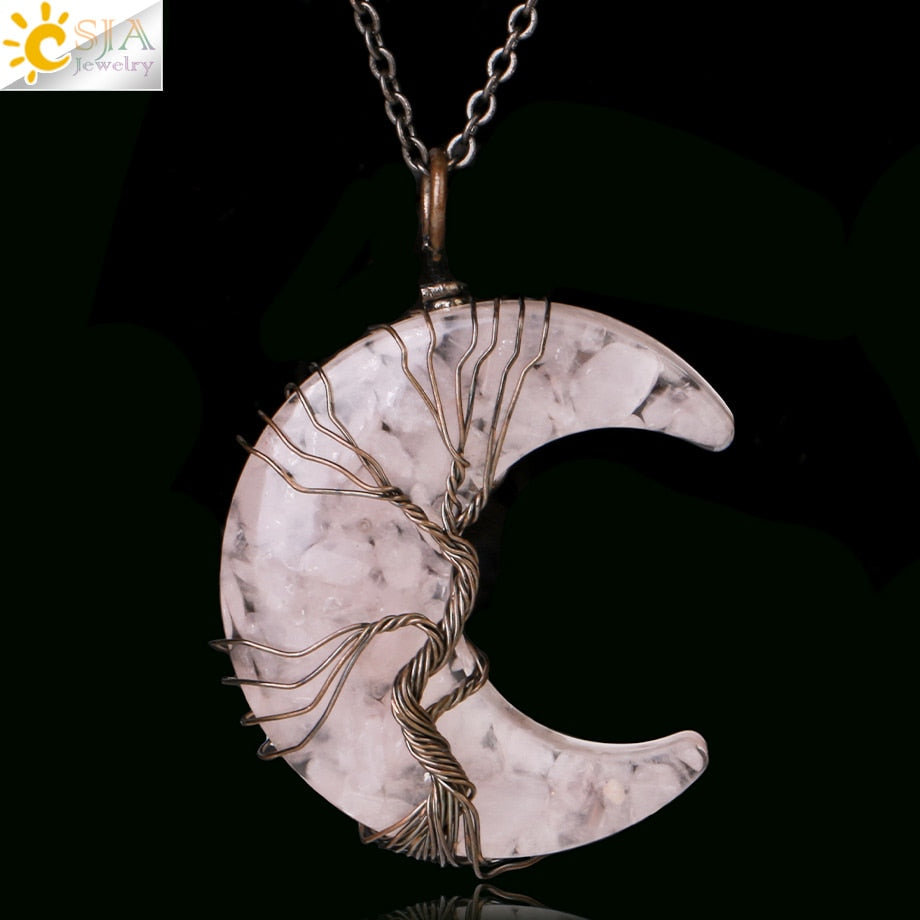 7 Chakras Tree of Life Necklace Wire Wrap Crescent Moons Crystal Pendants Chip Quartz Natural Stone Resin Stainless Steel G931